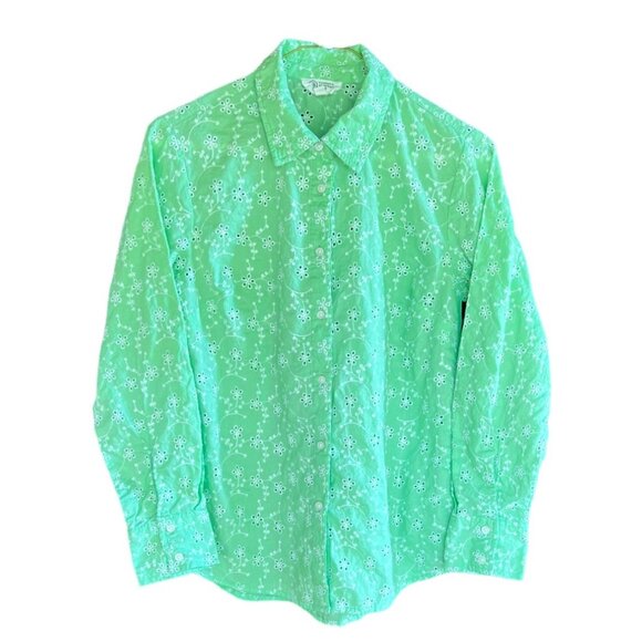 Candace Cameron Bure Green Cotton Eyelet Flowers Button Down Shirt Sz XXSP - Picture 1 of 10